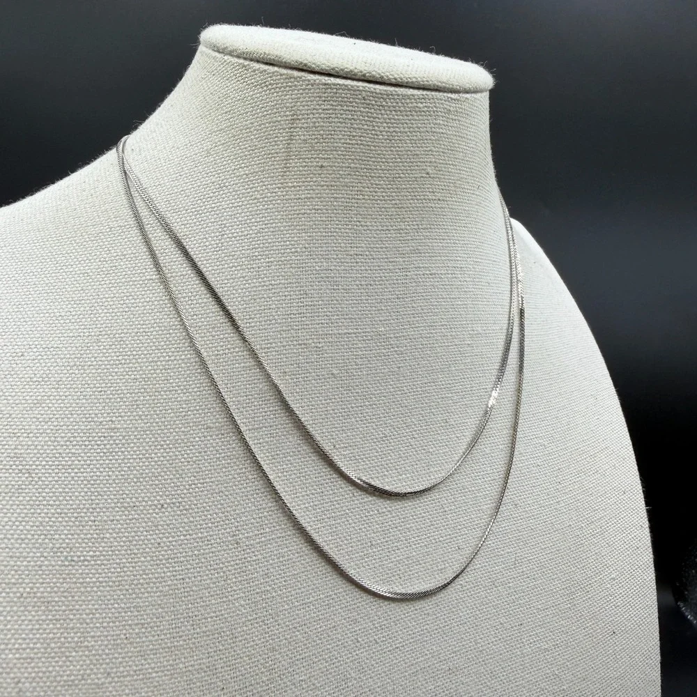 Silver Tone Double Strand Herringbone Chain Necklace Layered Minimalist Jewelry